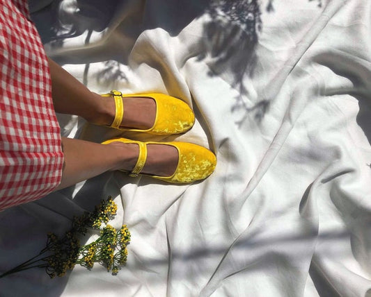 Yellow Velvet Mary Jane Shoes - Women's Mary Janes - Handmade Vintage Shoes - Yellow Shoes - Velvet Flats