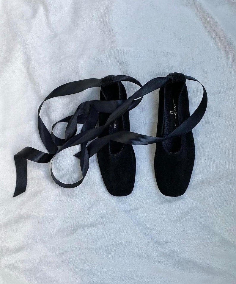 Black Suede Ballerina Flat Shoes - Women's Flats - Vintage Shoes - Handmade Black Shoes - Leather Flats