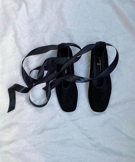 Black Suede Ballerina Flat Shoes - Women's Flats - Vintage Shoes - Handmade Black Shoes - Leather Flats